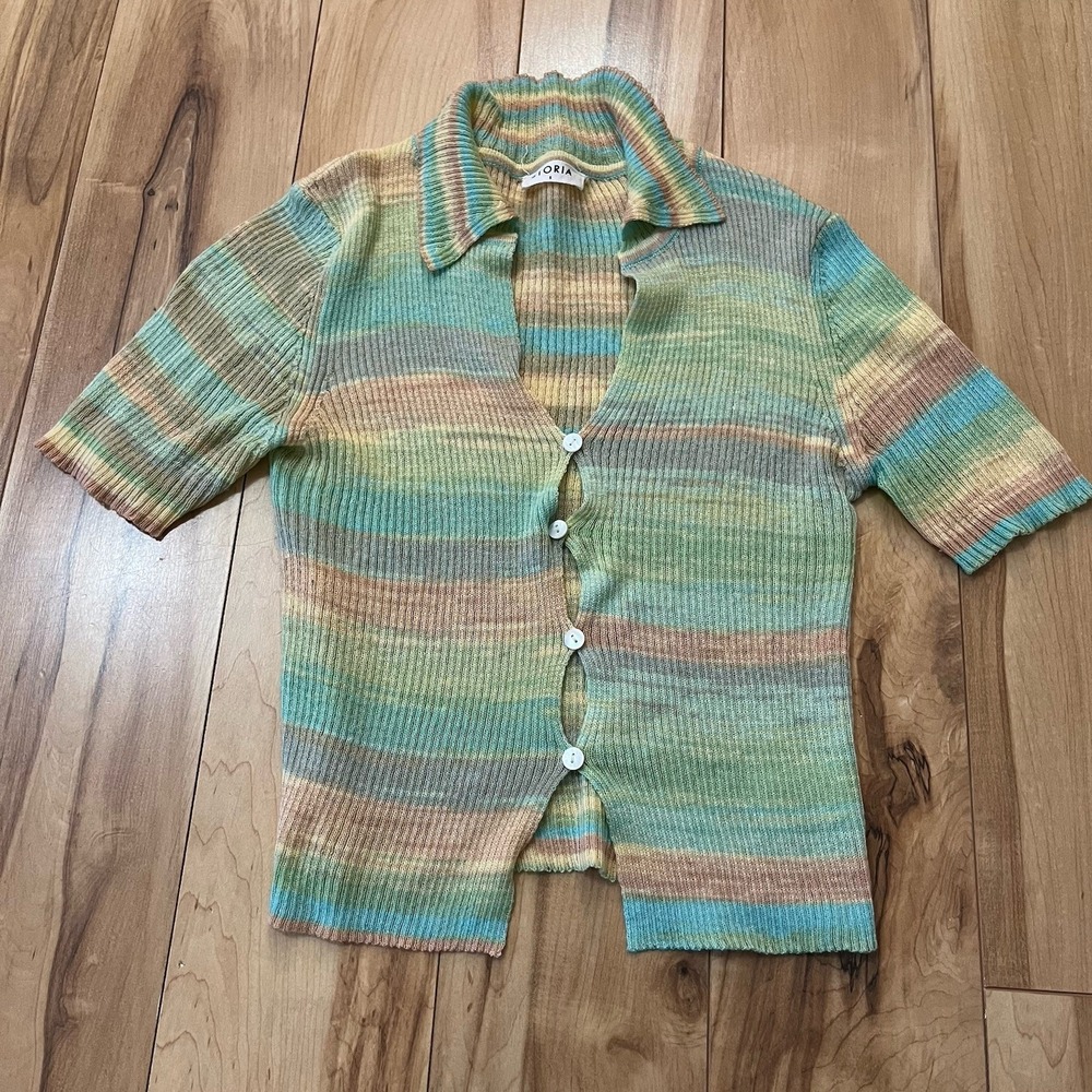 STORIA Anthropologie Indie Pastel Striped Cardigan Sweater Sz S Boho Festival